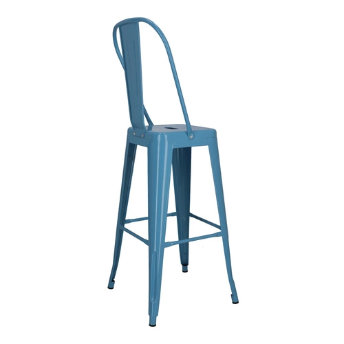 Barová židle Paris Back 75 cm modrá kovová s opěrkou do kuchyně a k ostrůvku loftová