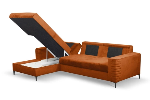 Moderní sametová rohová sedačka Hald s rozkladem a úložným prostorem levá do obýváku