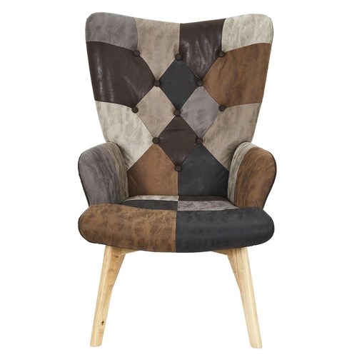 Křeslo ušák Helsinki do obýváku hnědý skandinávský patchwork s vysokými nohami Intesi