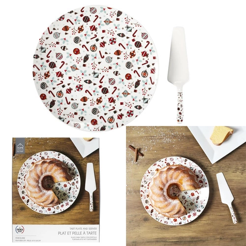 Bílý keramický dortový talíř s lopatkou Intesi Vánoční 30 cm do jídelny