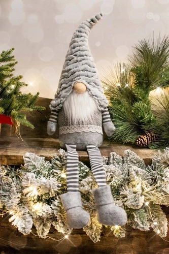 Skřítek s kožešinovou čepicí šedý 70cm