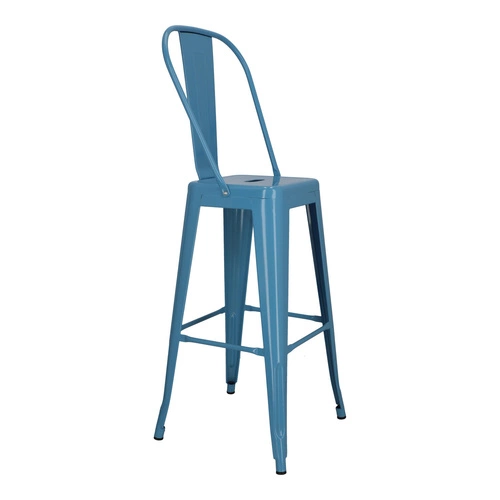 Barová židle Paris Back 75 cm modrá kovová s opěrkou do kuchyně a k ostrůvku loftová