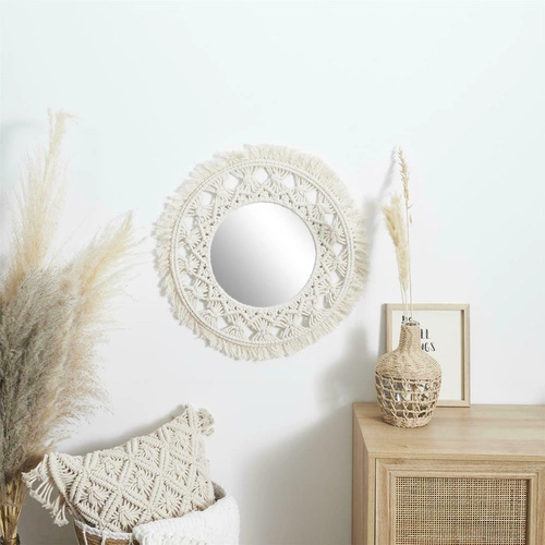 Kulaté závěsné zrcadlo boho macramé 55 cm béžové do obýváku nebo ložnice