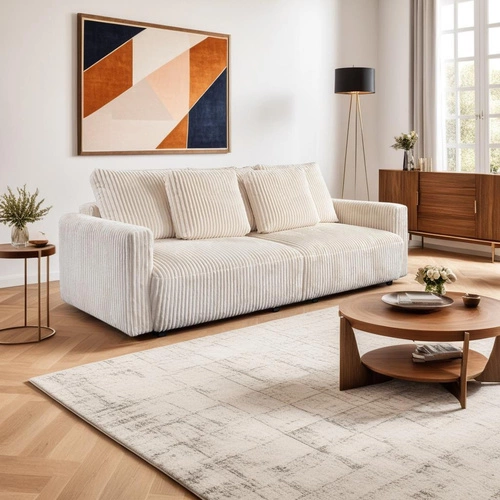 Rozkládací pohovka s funkcí spaní Loppie béžová manšestrová do obývacího pokoje moderní