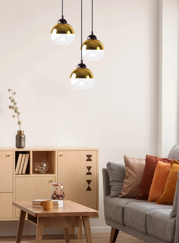 Závěsné svítidlo Contessa moderní skleněné zlaté 3-bodové do obývacího pokoje a jídelny