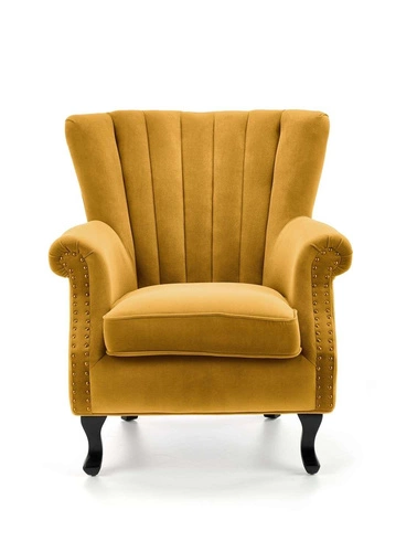 Relaxační křeslo Vader žlutý samet moderní do obýváku na vysokých dřevěných nohách
