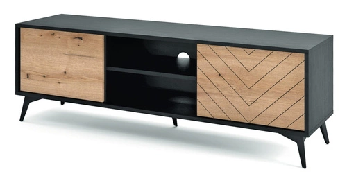 TV stolek Fargo loftový vzor rybí kost 154 cm volně stojící do obýváku dub a černá moderní