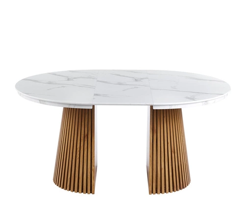 Rozkládací jídelní stůl Kyoto kulatý 120/200 cm bílý mramor dub moderní do jídelny a obýváku
