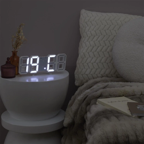 Moderní digitální LED budík Intesi bílý na noční stolek do ložnice