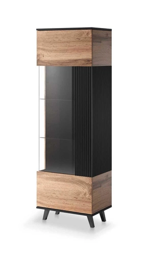 Úzká vitrína na knihy do obýváku Adre dub wotan černá moderní se sklem 60 cm Intesi