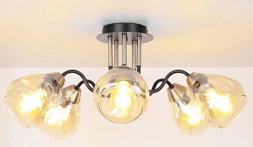 Stropní lampa Unica černo-zlatá pětiramenná skleněná do obýváku a jídelny