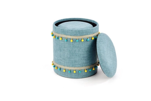 Sada 2 modrých kulatých taburetů Eblis s úložným prostorem, čalouněné do obýváku a dětského pokoje