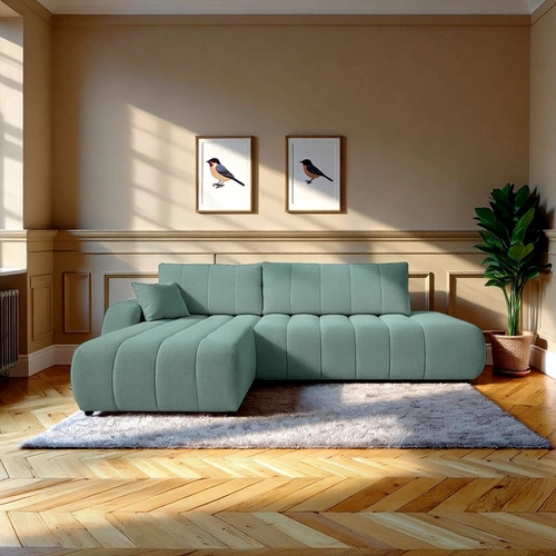 Moderní zelená rohová pohovka Hobro s úložným prostorem a rozkladem levá do obýváku