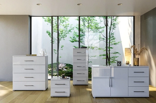 Komoda Flory bílý lesk 100 cm moderní se zásuvkami do obýváku a ložnice