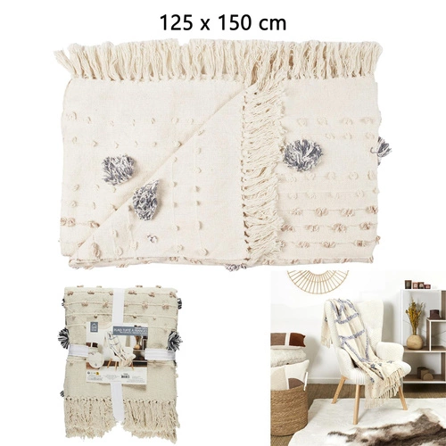 Boho pléd Tuffo krémový s třásněmi na pohovku do obýváku hřejivý a měkký 150x125 cm