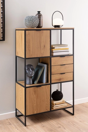 Knihovna Swindon dub industrial s šuplíky do obýváku a kanceláře Actona 141 cm