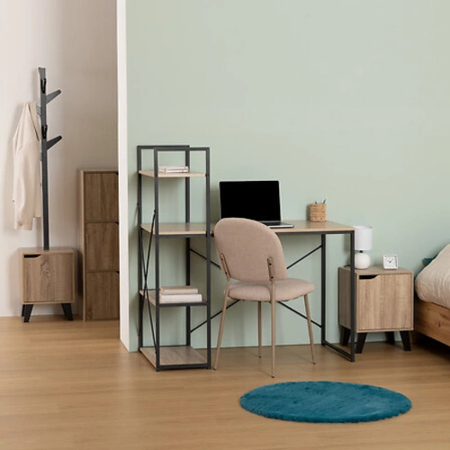 Pracovní stůl loftový Aliaj s policemi přírodní dub a černý kov do pracovny nebo studentského pokoje