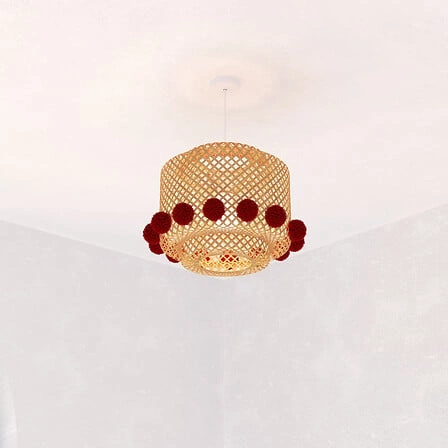 Závěsné boho bambusové svítidlo Liby s bambulkami do dětského pokoje přírodní 30 cm