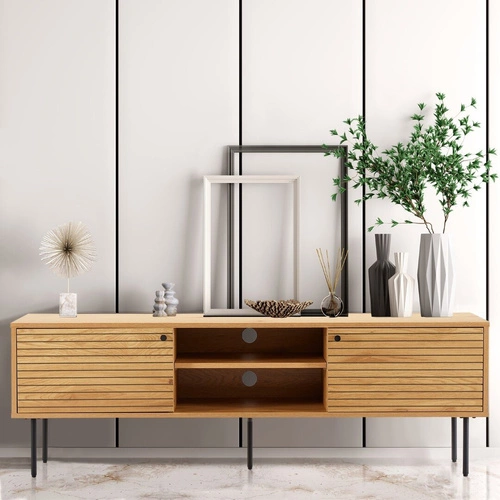 TV stolek dřevěný Lattes dub 150 cm moderní s lamelami na vysokých nohách do obýváku