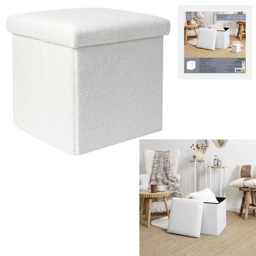 Skládací taburet Intesi Vels Boucle bílý s úložným prostorem do obýváku a předsíně čtvercový