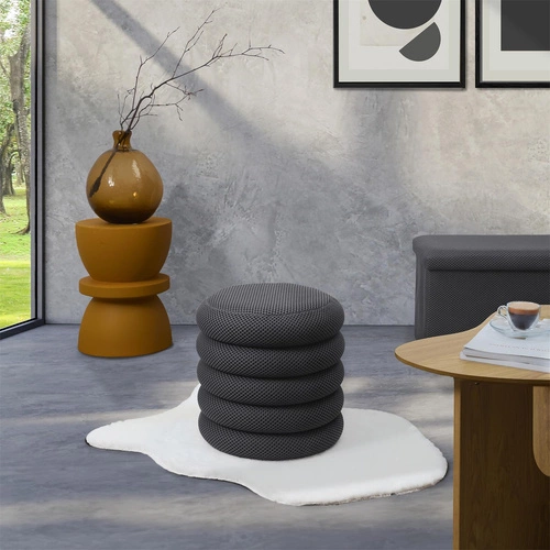 Šedý kulatý taburet se skrytým úložným prostorem moderní do obýváku a ložnice 42 cm