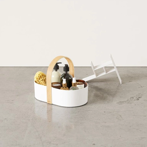 Organizér na kosmetiku do koupelny Bellwood Umbra moderní bílý s dřevěnou rukojetí