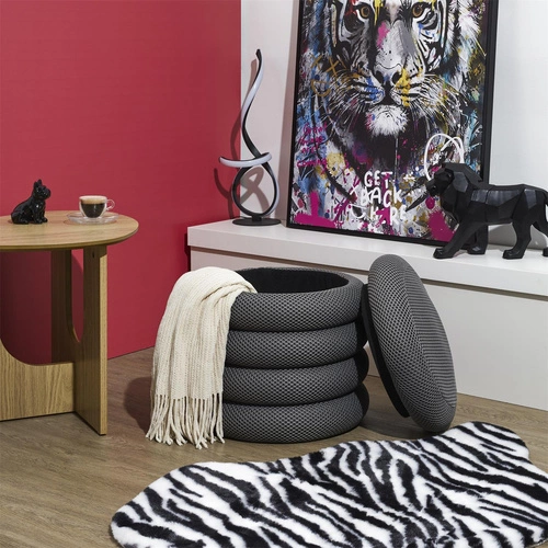 Šedý kulatý taburet se skrytým úložným prostorem moderní do obýváku a ložnice 42 cm