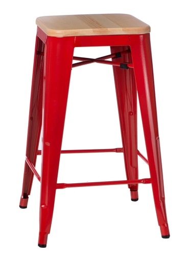 Barová židle Paris Wood 75 cm červená industriální kovová s dřevěným sedákem k kuchyňskému ostrůvku