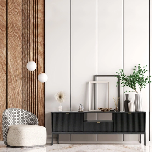 TV stolek Delicious černý rýhovaný glamour do obýváku na vysokých nohách 154 cm