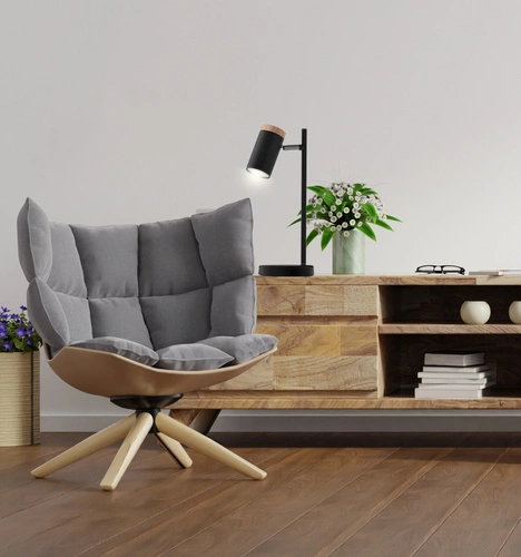 Stolní lampa Lagos černá kovová s dřevem moderní noční lampička do ložnice 35 cm