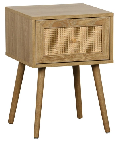 Noční stolek boho Ballo Intesi s pleteným čelem a zásuvkou, přírodní dub do ložnice