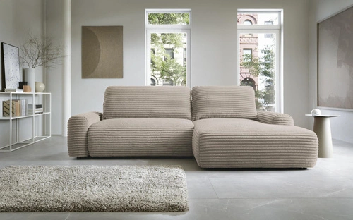 Rohová rozkládací pohovka Domle pravá moderní manšestrová béžová do obýváku s úložným prostorem