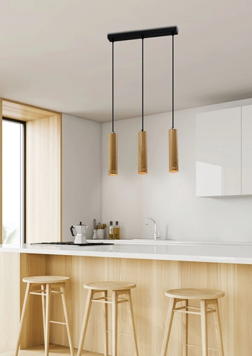 Závěsná lampa Tubo černá 3x25W GU10 stínítko ze dřeva 25cm