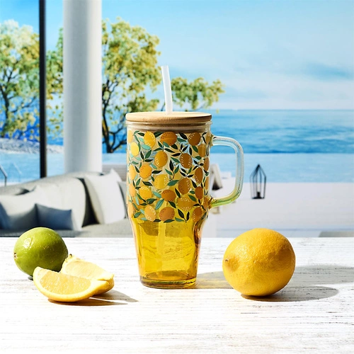 Skleněný hrnek Soleo Intesi 650 ml s víčkem a brčkem žlutý na letní nápoje