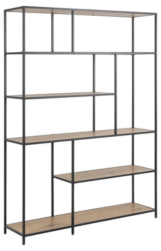 Industriální kovová knihovna Seaford XIV s dubovými policemi a černým rámem do obýváku 135 cm