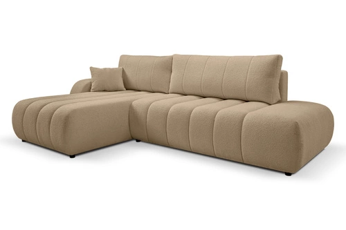 Moderní béžová rohová sedačka Hobro s rozkladem na spaní levá do obýváku s úložným prostorem