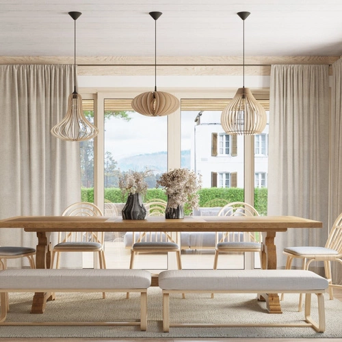 Dřevěné závěsné svítidlo Elza v přírodním stylu do obýváku a nad jídelní stůl boho Sollux