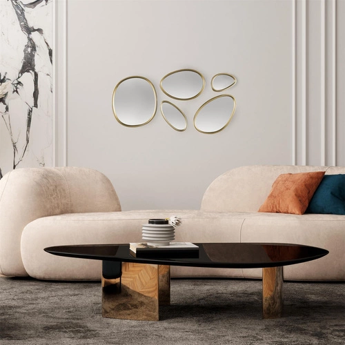 Sada 5 oválných dekorativních zrcadel Organic Shape ve zlatém rámu do obýváku Intesi