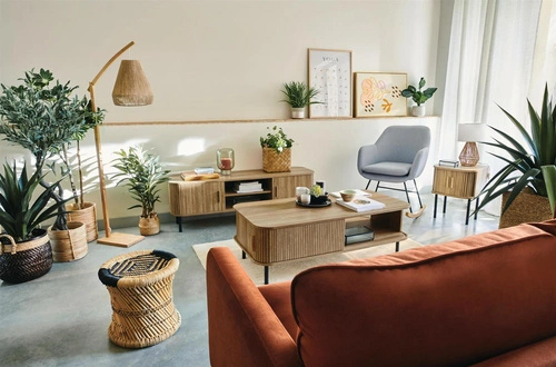 Konferenční stolek Colva obdélníkový s policí a skříňkou v boho stylu do obýváku Atmosphera 120x60 cm