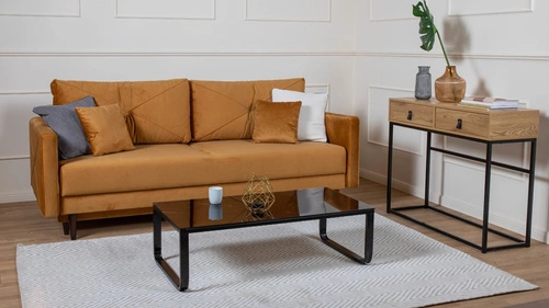 Rozkládací pohovka se spací funkcí Saxo dvoumístná do obýváku moderní žlutá s úložným prostorem