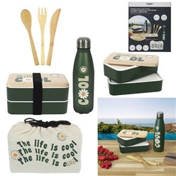 Dvoupodlažní zelený lunchbox Intesi s dřevěným víkem a lahví do práce nebo školy