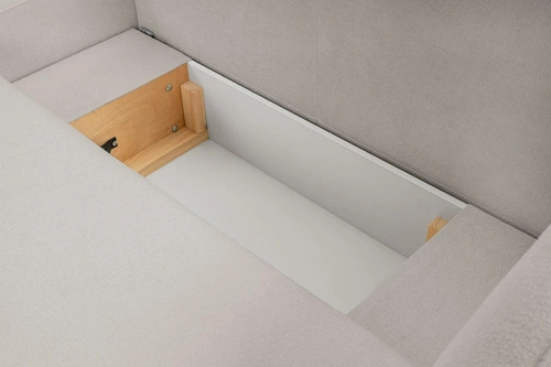 Rohová rozkládací sedačka levá Salby světle šedá moderní do obýváku s úložným prostorem