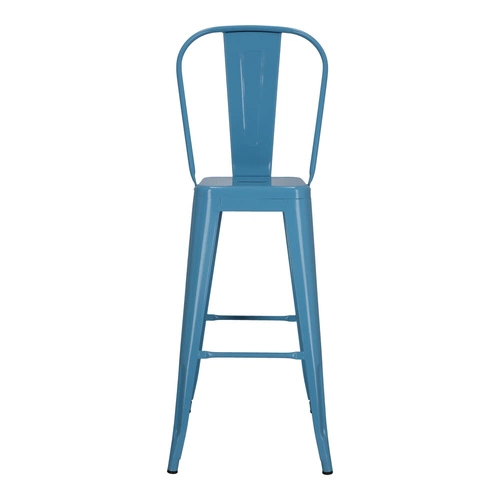 Barová židle Paris Back 75 cm modrá kovová s opěrkou do kuchyně a k ostrůvku loftová