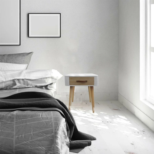 Bílý noční stolek se zásuvkou 35 cm skandinávský dřevo Intesi Enano do ložnice