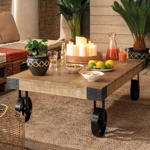 Konferenční stolek Silas mango obdélníkový loftový dřevěný na kolečkách do obýváku 117 cm Atmosphera