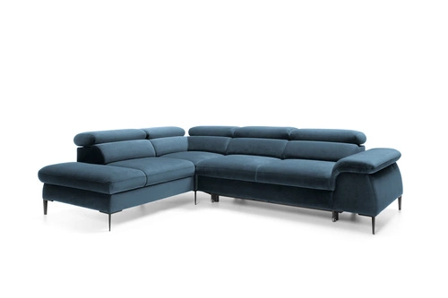 Rohová rozkládací sedačka Silvo L levá modrá do obýváku skandinávský styl s úložným prostorem