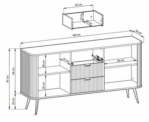 Moderní béžová komoda Seda s drážkováním a zásuvkami na zlatých nožkách do obýváku