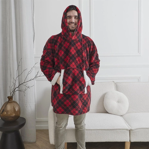 Bluzo deka s kapucí Intesi snuddie hřejivý fleecový kostkovaný na zimní večery