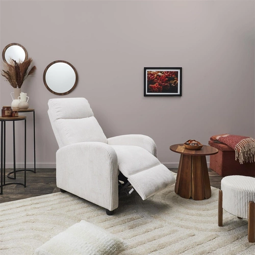 Rozkládací křeslo do obýváku Intesi Recliner Dream bílý manšestr moderní s podnožkou