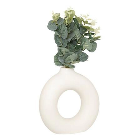 Bílá dekorativní váza Suza kruh s umělým eukalyptem do obýváku moderní 37 cm